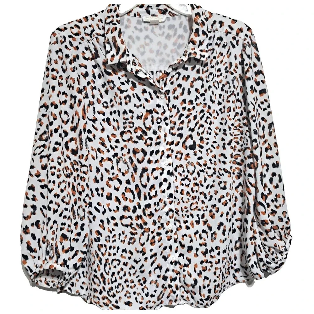 Finn & Grace Womens Button Front collared Shirt Leopard Print Size Medium - Picture 2 of 9